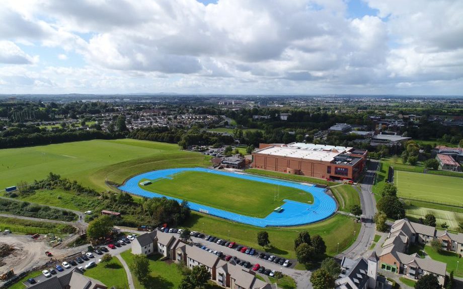 an overhead shot of the UL running track beside the gym