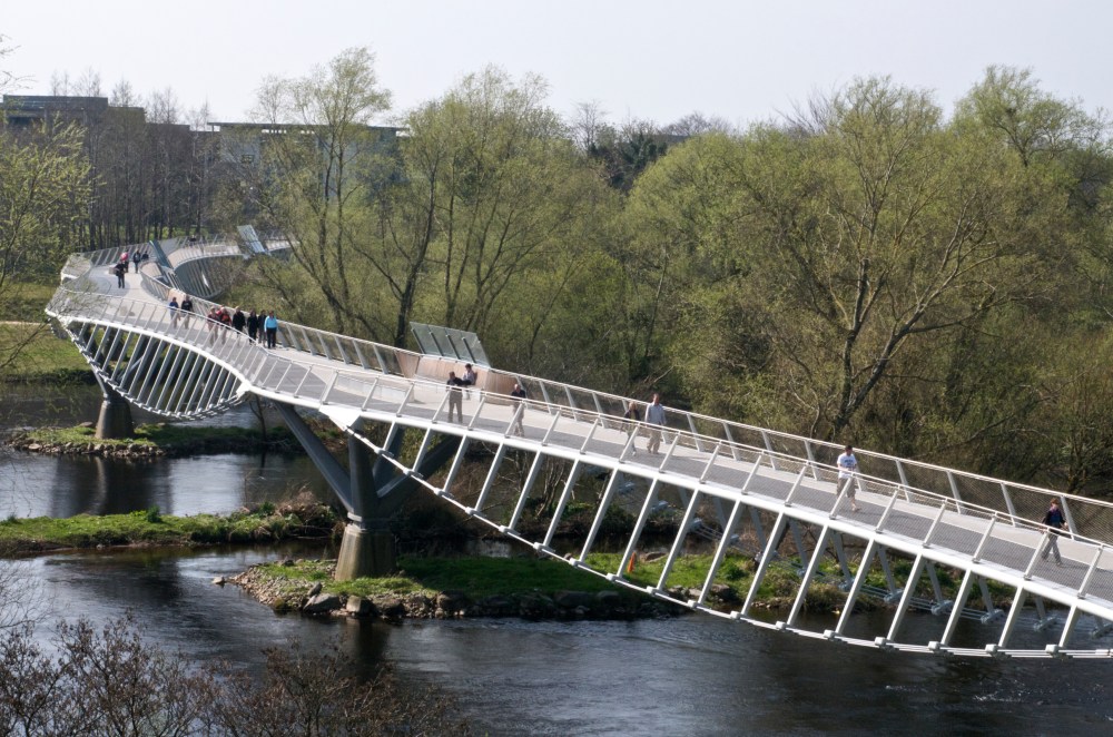Aerial view of the Living Bridge in the University of Limerick with a view of the River Shannon flowing under