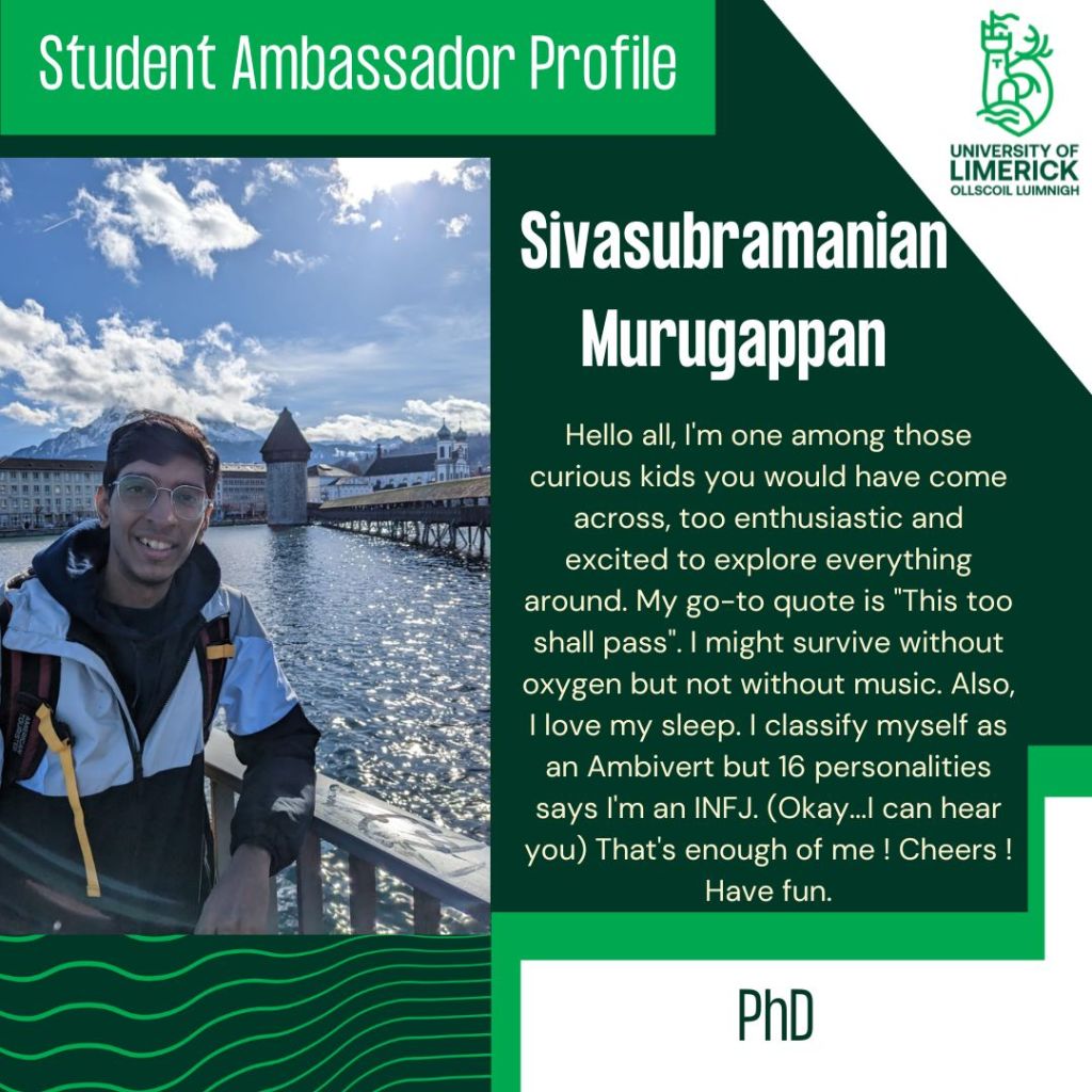 Sivasubramanian Murugappan. Hello all, I'm one among those curious kids you would have come across, too enthusiastic and excited to explore everything around. My go-to quote is "This too shall pass". I might survive without oxygen but not without music. Also, I love my sleep. I classify myself as an Ambivert but 16 personalities says I'm an INFJ. (Okay...I can hear you) That's enough of me ! Cheers ! Have fun. PhD