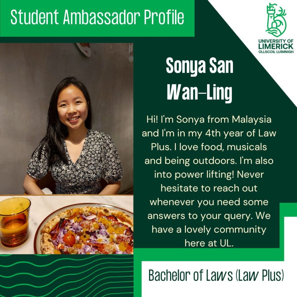 Hi! I'm Sonya from Malaysia and I'm in my 4th year of Law Plus. I love food, musicals and being outdoors. I'm also into power lifting! Never hesitate to reach out whenever you need some answers to your query. We have a lovely community here at UL. 