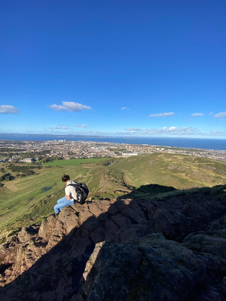 Charlie sitting on the top of a hill or mountain on a sunny day, a city and the ocean are visible in the distance