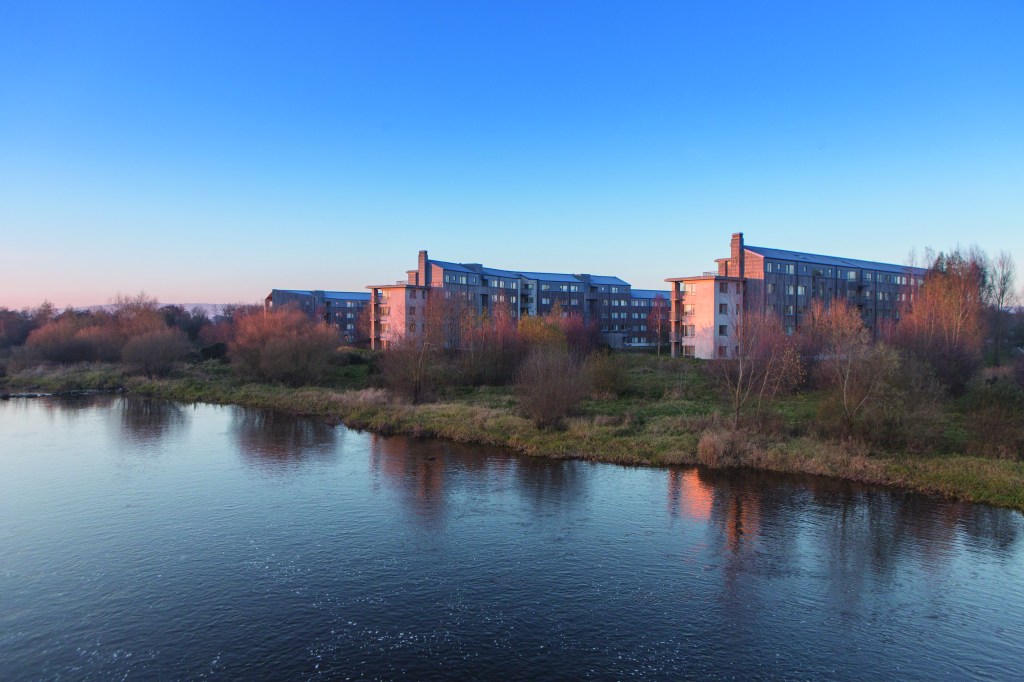 Landscape image of on campus student accommodation with a view of Shannon River