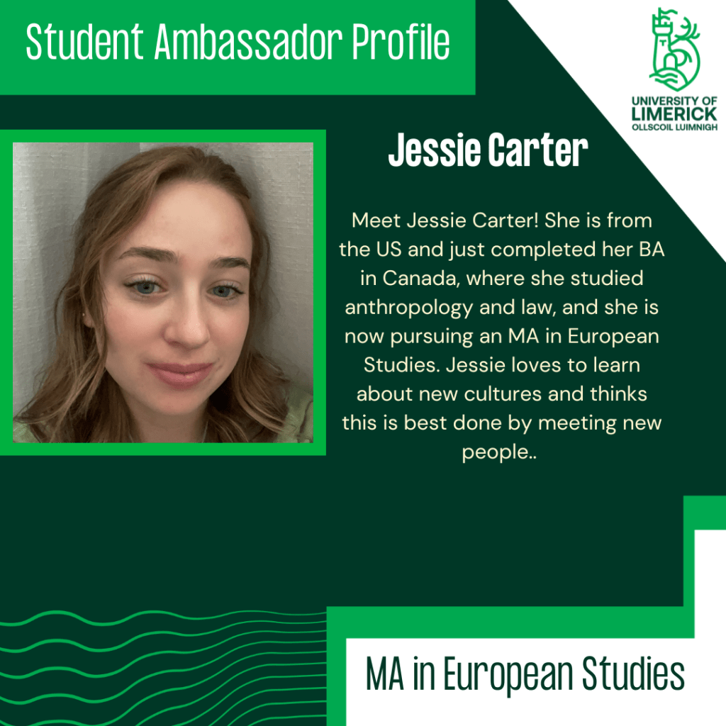 Jessie's profile: Meet Jessie Carter! She is from the US and just completed her BA in Canada, where she studied anthropology and law, and she is now pursuing an MA in European Studies. Jessie loves to learn about new cultures and thinks this is best done by meeting new people.