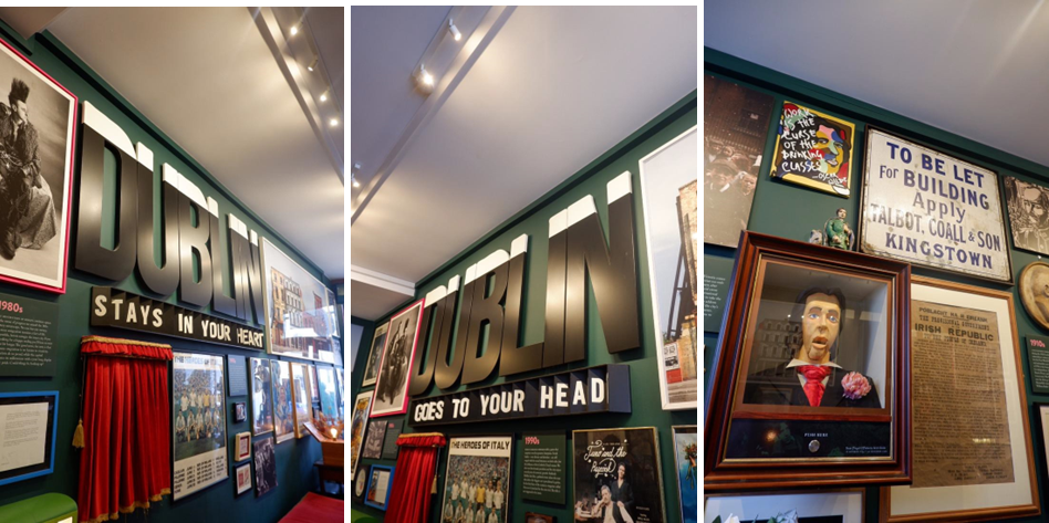 Thee display of the Little Museum of Dublin with a sign 'Goes to Your Head' and a dummy