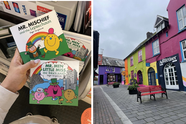 Brianne holding Mr. Mischief and the Leprechaun and Mr. Men and Little Miss in Ireland books, the colourful shop fronts of Kinsale