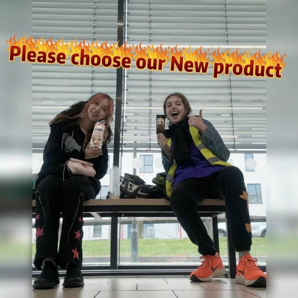 Niri and her friend holding treats with 'Please choose our new product' as text over them