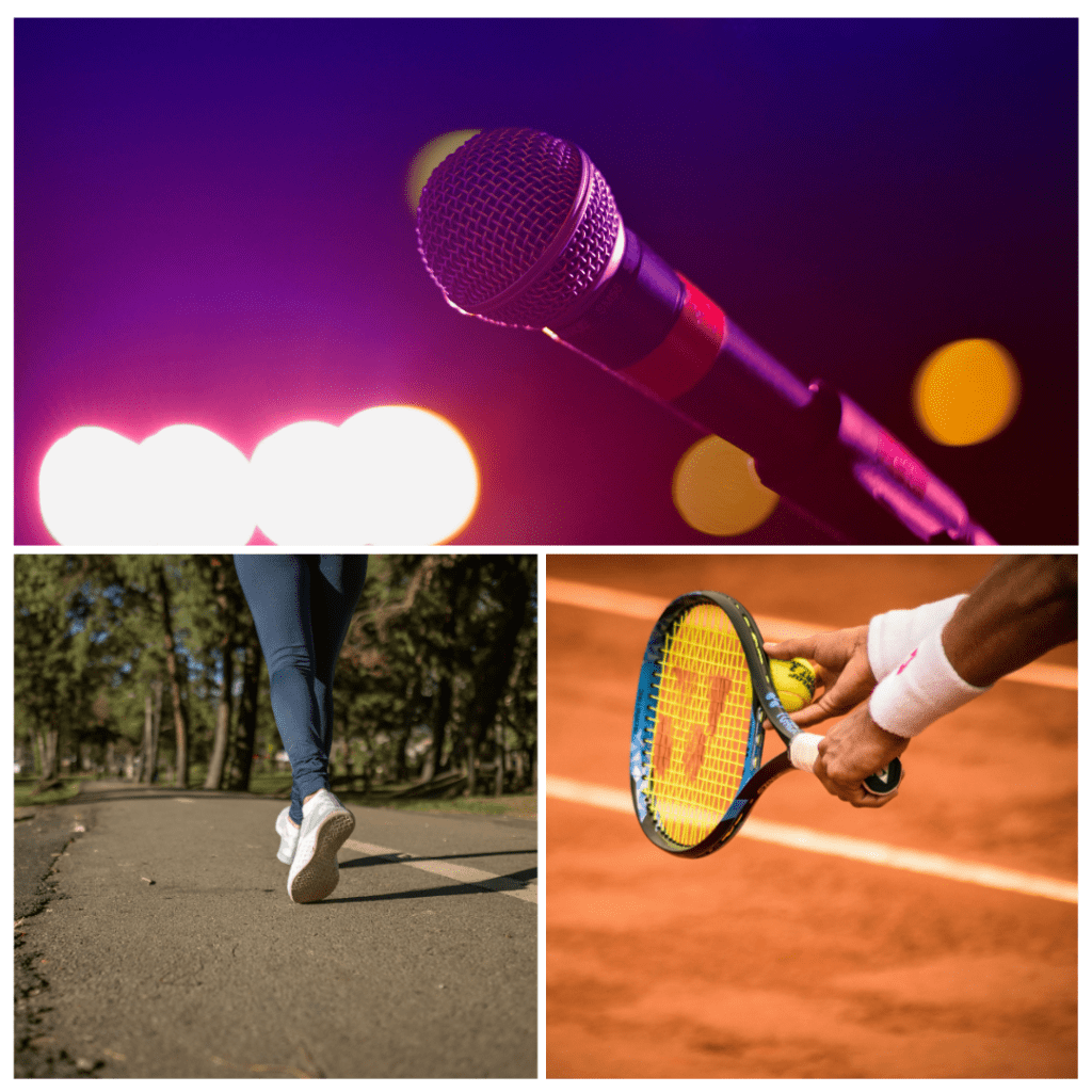 collage of a microphone, a runner, and someone playing tennis