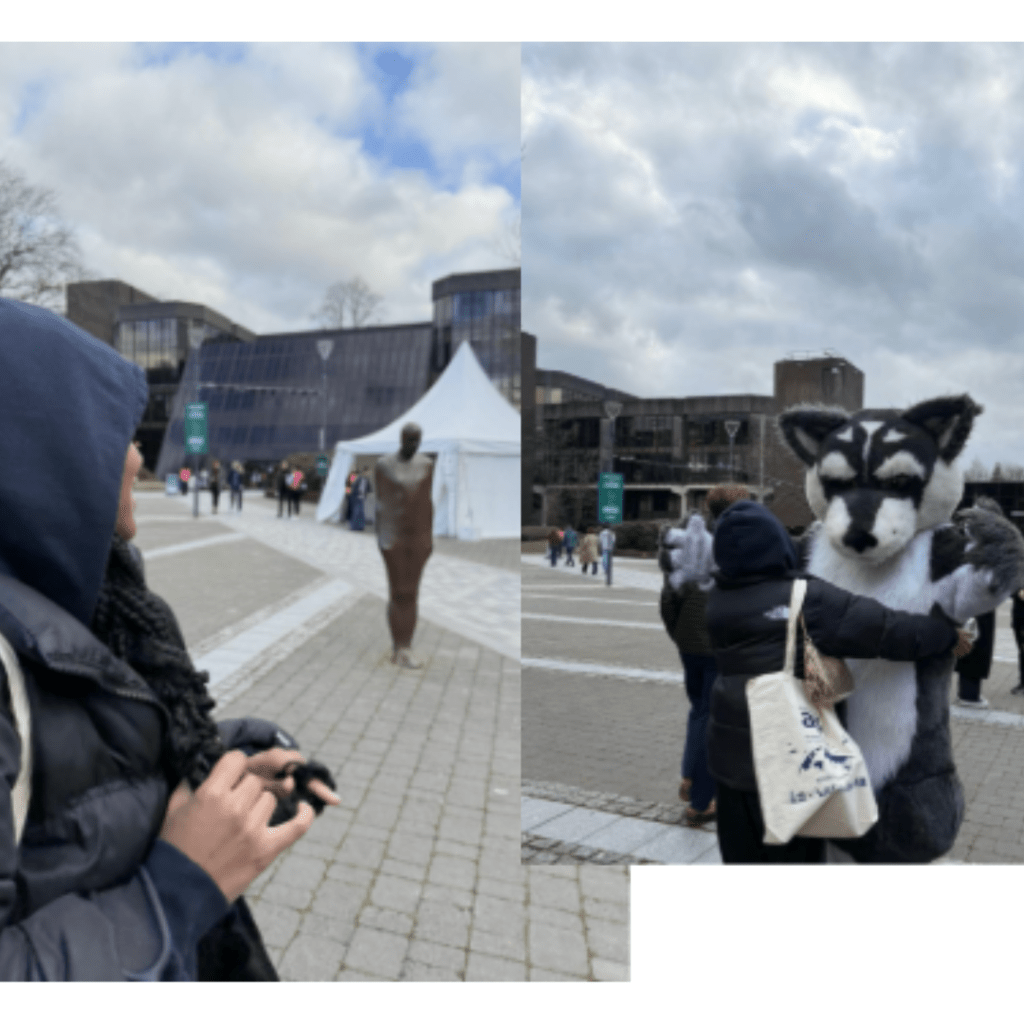 Collage of Justice meeting Brown Thomas (the cast iron statue in the main Plaza of UL) and Wolfie, the UL Wolf Pack mascot