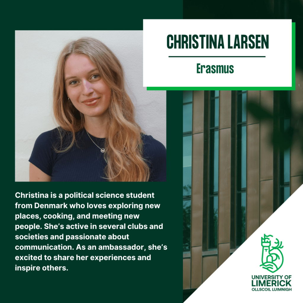 Christina is a political science student from Denmark who loves exploring new places, cooking, and meeting new people. She’s active in several clubs and societies and passionate about communication. As an ambassador, she’s excited to share her experiences and inspire others.