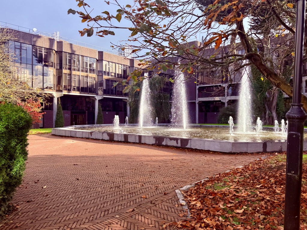 The Plassey Fountain surrounded by the Main Building