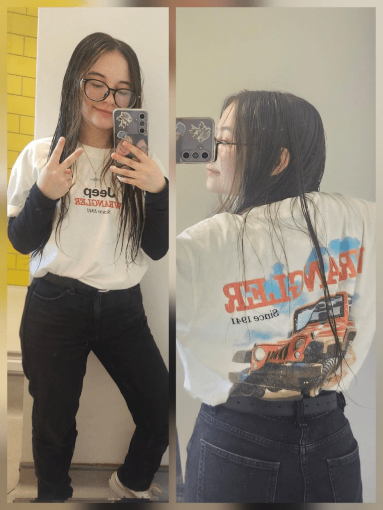 Vanessa wearing her jeep t-shirt. 