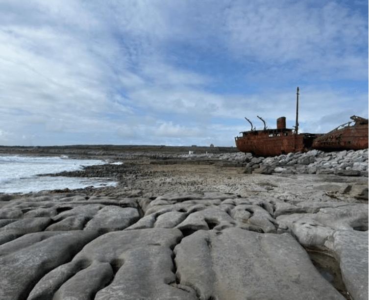A picture from of a different angle of the ruins of a vessel on the Aran Islands