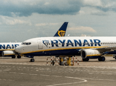 The classic Ryanair white plane with yellow and blue details