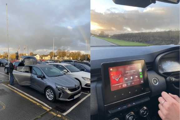 Two pictures of a rainbow over a cloudy sky and The insides of a car driving over a road. 