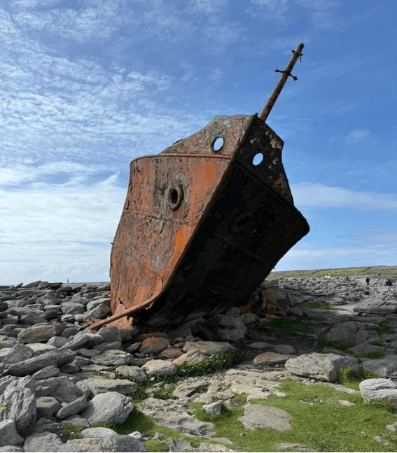 The rusted ruins of a vessel on the Aran Islands