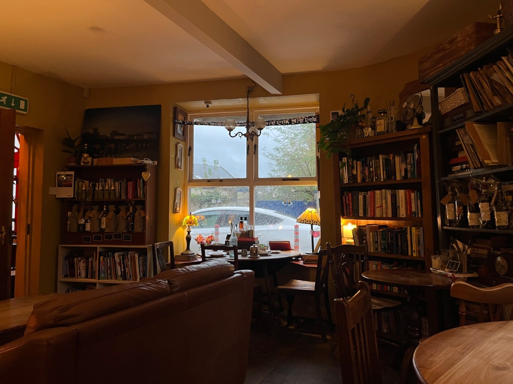 The view of a cozy interior of a cafe