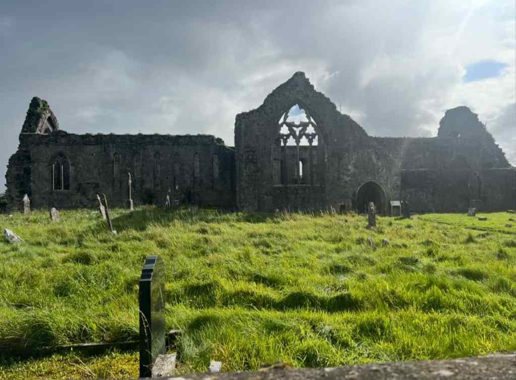 This image captures the historic Dominican Priory in Athenry, with tall green grass in front and dark rain clouds behind.