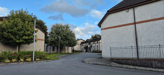 View of Plassey Village from outside its entrance. 