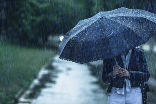 Image of a person holding a black umbrella in rainy weather.