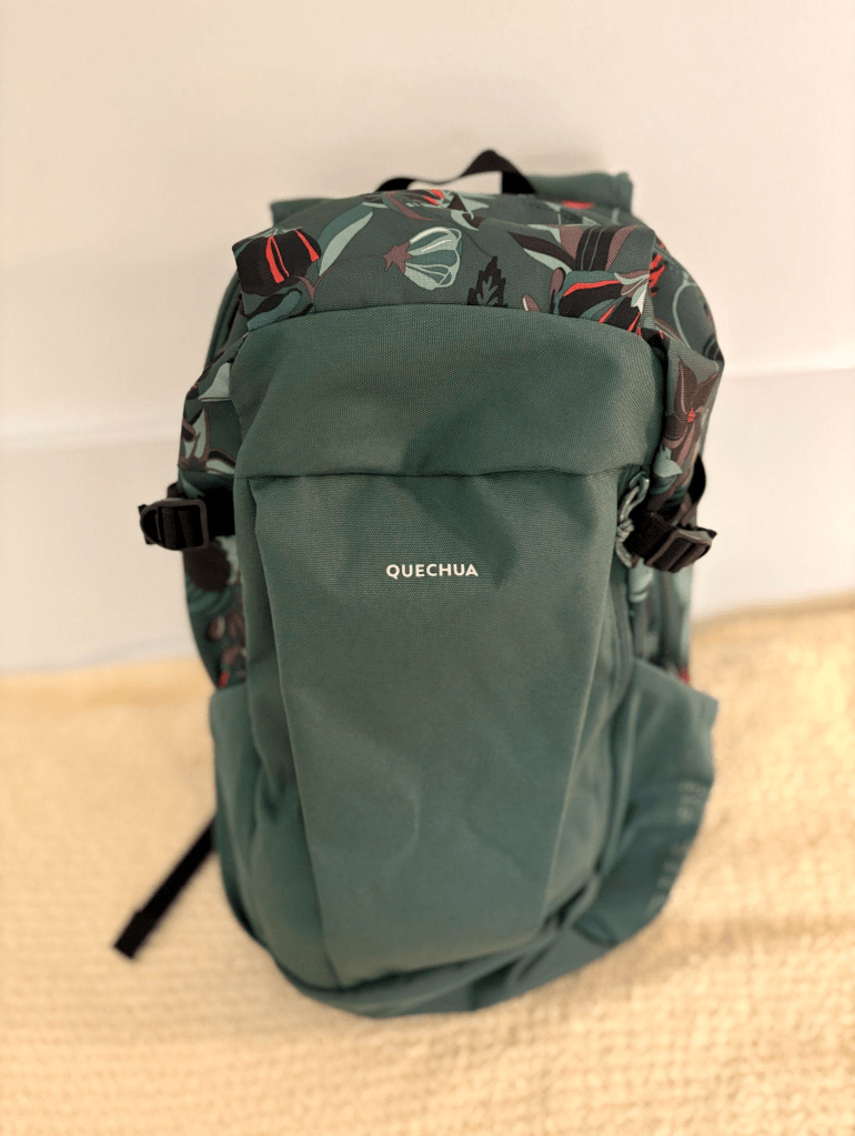 Image of Katies green backpack.