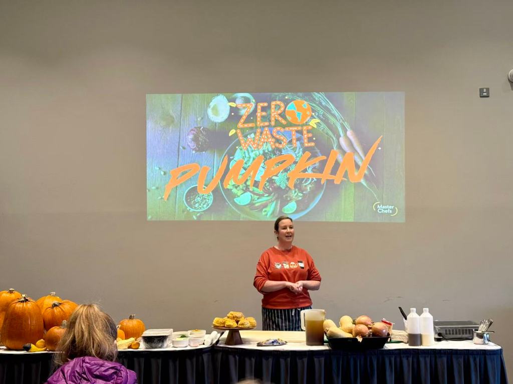 Cooking demonstration on 'Zero Waste Pumpkin' at UL, showcasing sustainable cooking practices and creative uses for pumpkins.