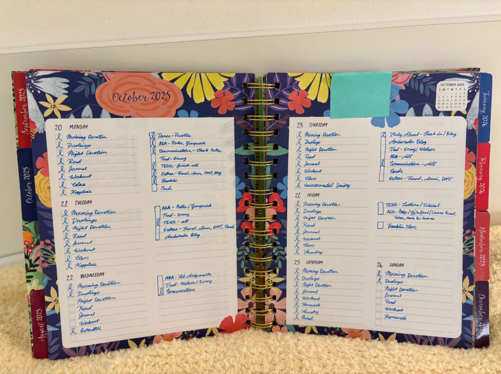 Image of Katie's Colorful Daily planner with all her tasks neatly written down.