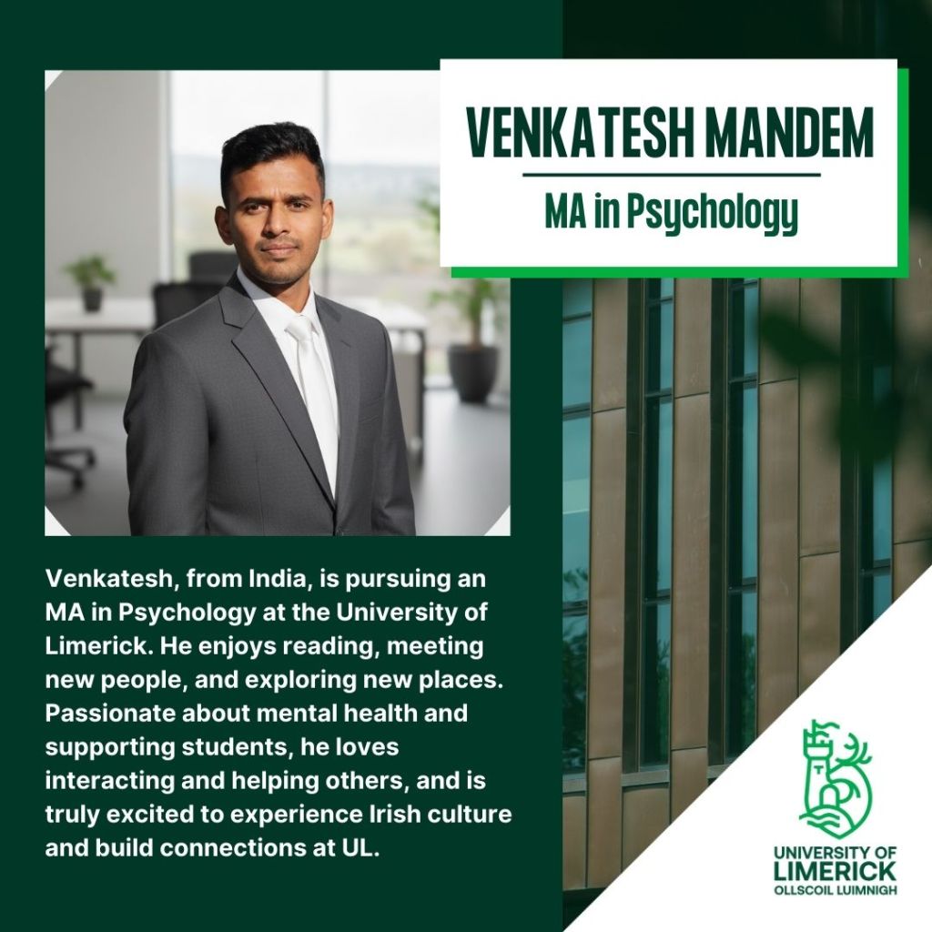 Venkatesh Mandems profile which includes that he's completing a masters in psychology and is from India. He enjoys reading, meeting new people and exploring new places. He is passionate about mental health and supporting students and loves interacting and helping others.