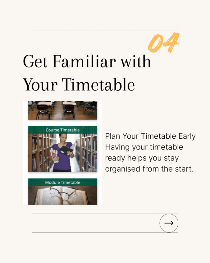 Poster advising students to get comfortable with their timetable and have it organized early.